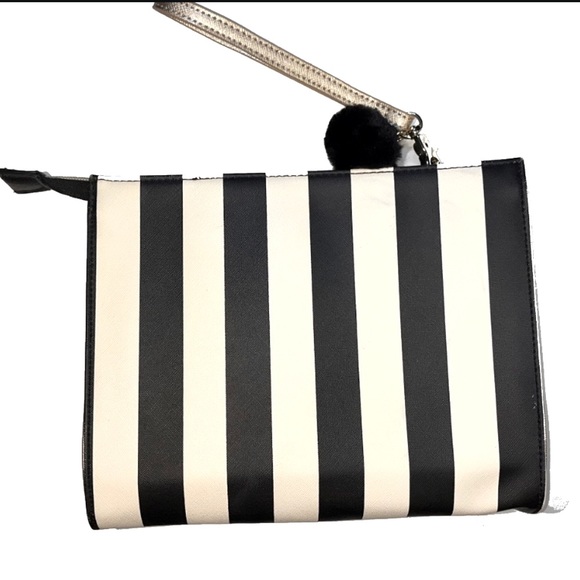 BETSEY JOHNSON BLACK CREAM STRIPED MAKEUP BAG CLUTCH PURSE BAG TOTE LARGE 1… - Picture 7 of 8
